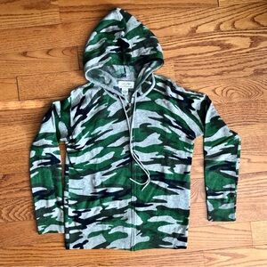 PLY Cashmere 100% Cashmere Camo Gray Green Hooded Zip Sweater Women's Size M